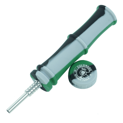 Ferramenta tubular preta e cinza com tampa preta e texto branco COLORADO FINGER TOOL