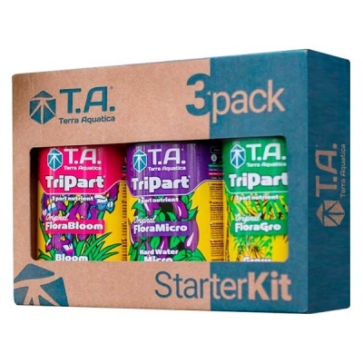 Pack de 3 frascos de nutrientes líquidos Tripart da Terra Aquatica em caixa StarterKit