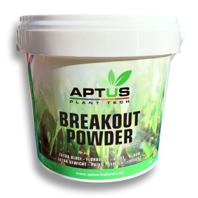 Frasco de plástico branco com rótulo verde do produto Aptus Plant Tech Breakout Powder
