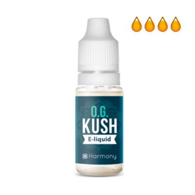 Frasco de e-líquido O.G. KUSH com rótulo azul e tampa branca