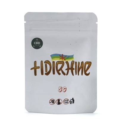 Embalagem branca tipo pouch com texto HIDIRHINE e selo CBD HOUSE