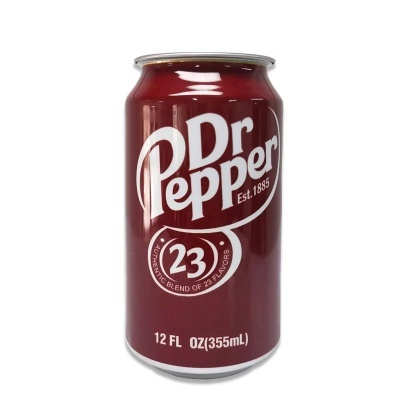 Lata vermelha de Dr Pepper com texto branco e indicadores de volume e sabor.
