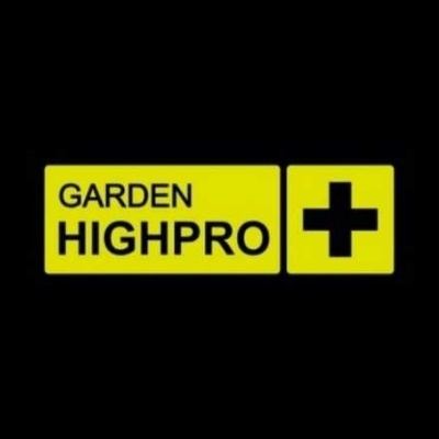 Logótipo branco e amarelo com texto GARDEN HIGHPRO e símbolo de cruz