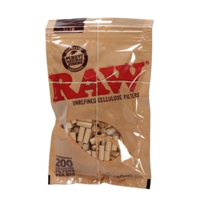 Embalagem de filtros RAW em plástico castanho com filtros visíveis