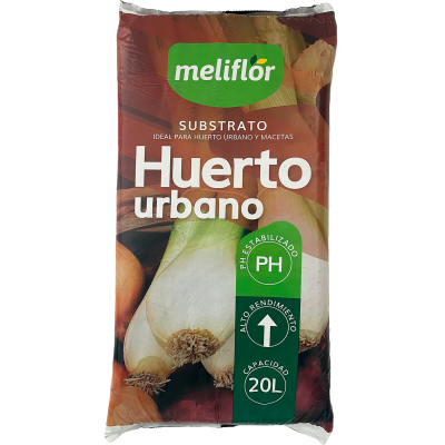 Saco de substrato Meliflór Huerto urbano com 20 litros, embalagem com imagens de cebolas.