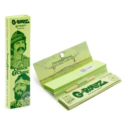 Pack de papel G-Rollz green hemp e aberto mostrando folhas e aplicador