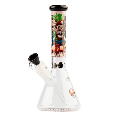 Bong de vidro transparente com decoração colorida inspirada em videojogo