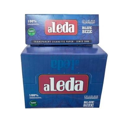 Pacotes de papel para cigarros aLeda azul com texto branco e vermelho