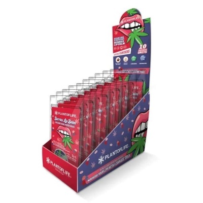 Expositor com 10 unidades de Berries Lip Balm da PLANTOF.LIFE em embalagens vermelhas e azul com design de boca e folhas