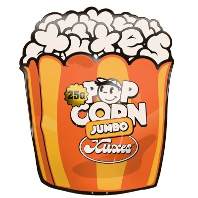 Embalagem de pipocas JUMBO Twixxos laranja e amarelo com pipocas brancas desenhadas.