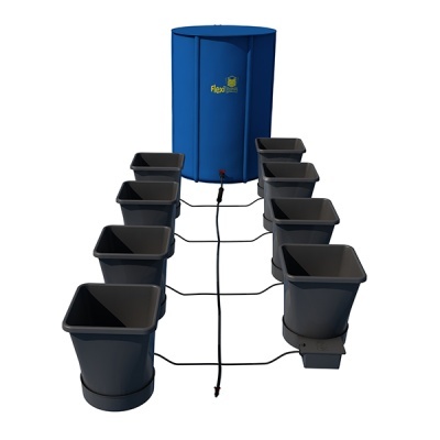 Sistema de irrigação com vasos cinza escuro e reservatório azul