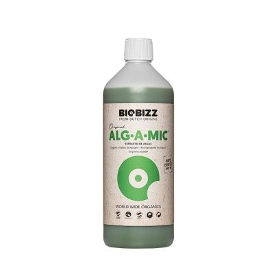 Frasco plástico verde com fertilizante Biobizz ALG·A·MIC e rótulo bege com textos