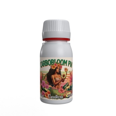 Frasco branco com etiqueta colorida de mulher com flores e frutas tropicais