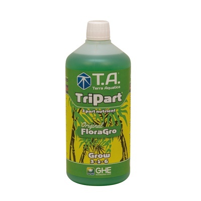 Garrafa plástica verde de fertilizante TriPart Original FloraGro com rótulo amarelo e verde