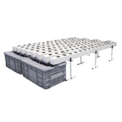 Sistema hidropónico branco com caixas cinzentas e pernas ajustáveis