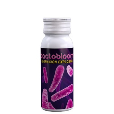Frasco branco com rótulo roxo e imagens de bactérias cor-de-rosa