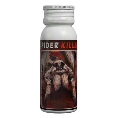 Frasco branco com rótulo de aranha e texto SPIDER KILLER