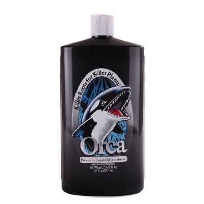 Frasco preto de suplemento líquido para plantas Orca com imagem de orca e texto informativo.