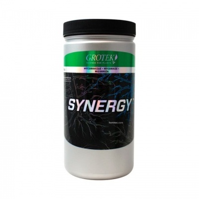 Frasco de suplemento Synergy da Groteka com rótulo verde, branco e preto