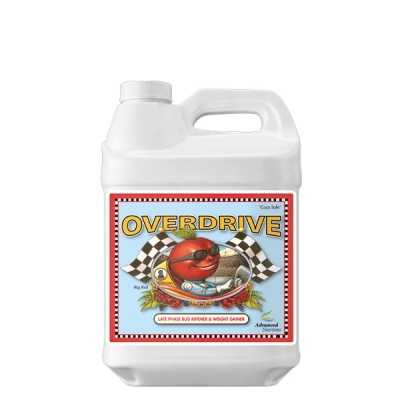 Frasco branco com rótulo colorido do produto Overdrive para agricultura