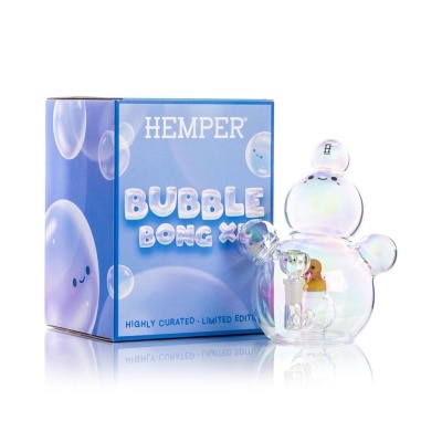 Bubble Bong XL transparente iridescente com caixa azul da marca Hemper