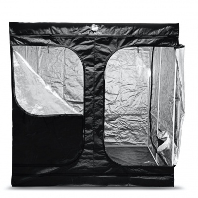 Tenda de cultivo preta com interior prateado e janela transparente