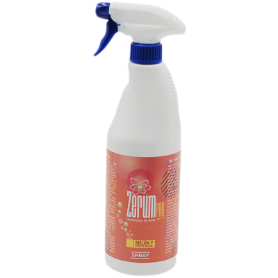Frasco de spray branco com rótulo laranja e gatilho azul