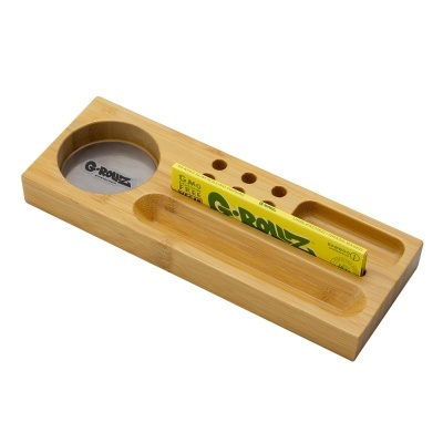 Tabuleiro de bambu com depósito metálico e pacote amarelo de papéis G-ROLLZ