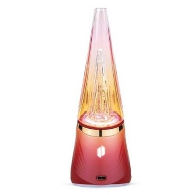 Lampião decorativo em gradient rosa e dourado com base vermelha e entrada USB