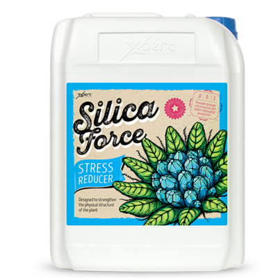 Garrafão branco com rótulo azul e bege com planta desenhada e texto Silica Force