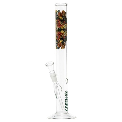 Cachimbo de vidro com padrão colorido e texto verde