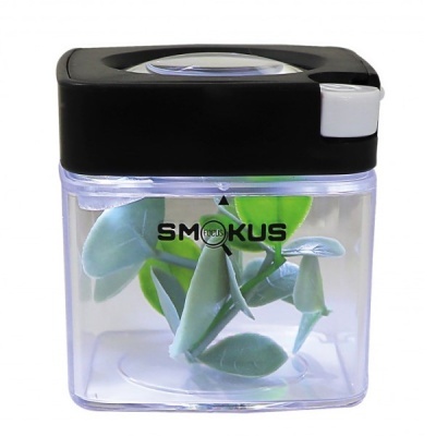 Frasco quadrado transparente com tampa preta e folhas verdes artificiais