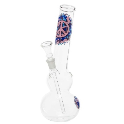 Bong de vidro transparente com símbolo de paz rosa e decoração azul e roxa