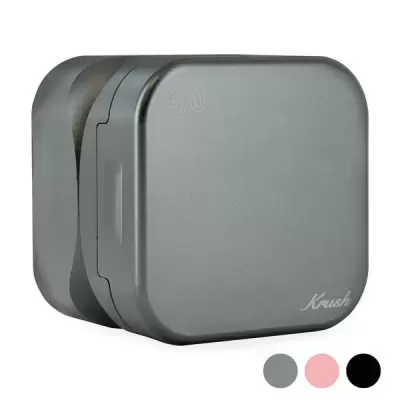 Dispositivo quadrado cinzento mate com inscrições e opções de cor