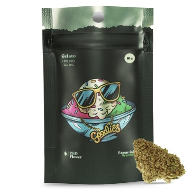 Embalagem preta com ilustração colorida de gelado e texto CBD Gelato 15% CBD < 0.3 THC 10g Goodies