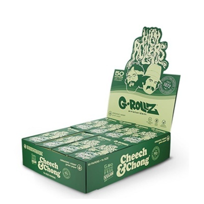 Caixa verde Cheech & Chong com folhas de papel para tabaco