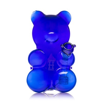 Figura de vidro azul translúcido em forma de urso com peça acoplada