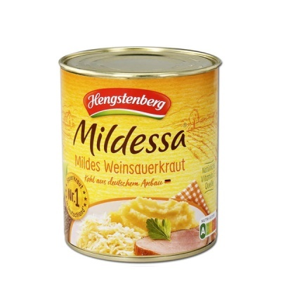 Lata de chucrute Mildessa Hengstenberg com imagem de puré de batata e carne