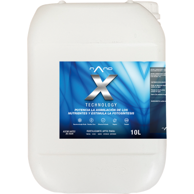 Recipiente branco de 10 litros com rótulo azul de fertilizante líquido X Technology