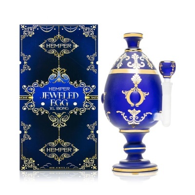 Bong XL azul e dourado em formato de ovo com caixa decorada