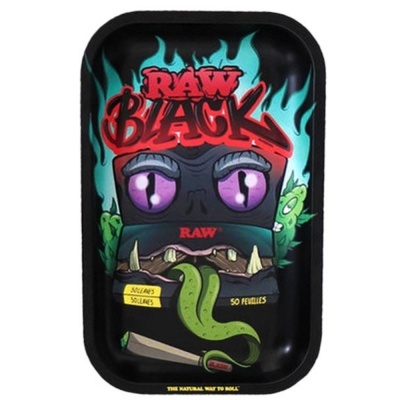 Tabuleiro metálico RAW Black com design gráfico e texto colorido