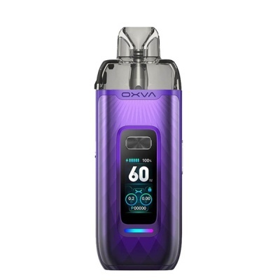 Dispositivo eletrónico violeta com ecrã digital a mostrar 60 W e 100% bateria