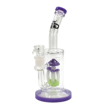 Bong de vidro transparente com cogumelos decorativos roxos