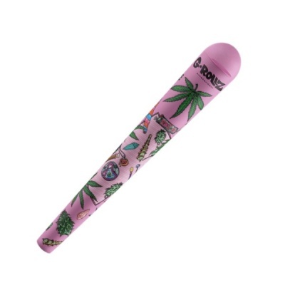 Estojo rosa com desenhos de cannabis e texto G-ROLLZ