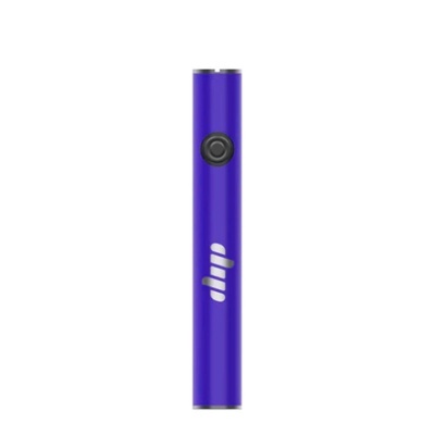 Dispositivo cilíndrico azul roxo com botão preto e logótipo branco
