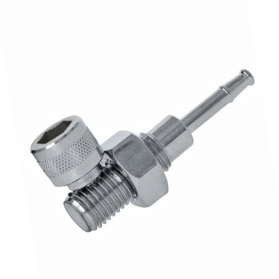 Conector metálico prateado com rosca e textura canelada.