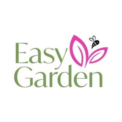 Logótipo Easy Garden com folhas cor-de-rosa e abelha preta