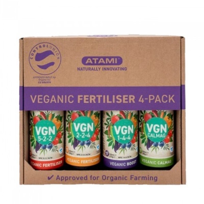 Pack 4 fertilizantes vegânicos Atami em cartão com faixa roxa e selo Controlunion