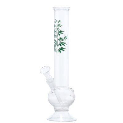 Bong de vidro transparente com decoração de folhas verdes