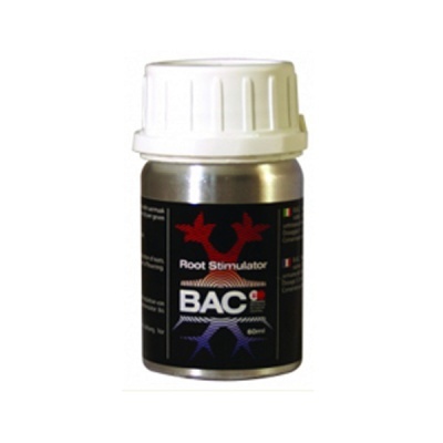 Frasco metálico com tampa branca e etiqueta preta de produto BAC Root Stimulator